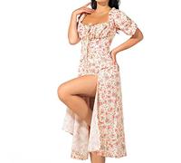 Hujoin Robe bohème pour Femme Cottagecore - Robe Longue d'été décontractée à Motif Floral - Col carré - Ourlet à Volants - Robe de Plage Fendue, MN 1-h005b, S