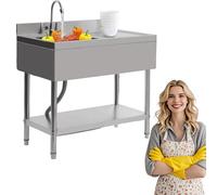 HuKaiL Évier de cuisine en acier inoxydable avec robinet et protection anti-éclaboussures de 10 cm, évier commercial complet, avec capacité de charge de 300 kg pour cuisine, linge, garage, 100 x 60 x