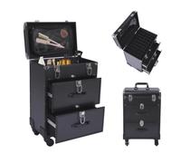 HuKaiL Valise cosmétique à roulettes 360° avec 2 tiroirs, grande valise de maquillage pour voyage, maquillage, coiffeur, idée cadeau, 34 x 24 x 56 cm (noir)
