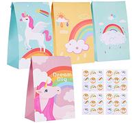 Hukermoon 24 Pièces Sacs de Fête Licorne, Sacs Cadeaux Colorés avec 36 Autocollants, Sacs en Papier Licorne pour Fête de la Licorne, Pinata Licorne, Noël, Célébrations de Mariage ou Anniversaire