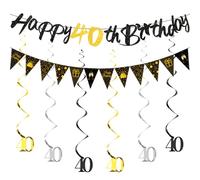 HUKUMA 40e anniversaire homme, décoration d'anniversaire 40 ans femme, 40 serpentins décoratifs, noirs, guirlande de spirales, bannière Happy Birthday décoration pour 40e anniversaire hommes femmes