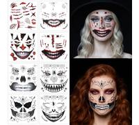 HUKUMA 8 Tatouage Halloween, Maquillage Halloween,Autocollant Halloween Visage, Tatouage joker Suicide Squad Clown Zombie Squelette,Accessoire Halloween pour Maquillage jour des morts Costume