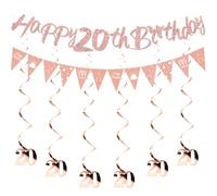 HUKUMA Kit de décoration de fête d'anniversaire 20 ans, décoration d'anniversaire 20 ans, serpentins décoratifs en or rose, guirlande de spirales, bannière Happy Birthday pour 20e anniversaire femmes