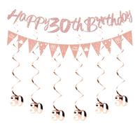 HUKUMA Kit de décoration de fête d'anniversaire 30 ans, décoration d'anniversaire 30 ans, serpentins décoratifs en or rose, guirlande de spirales, bannière Happy Birthday pour 30e anniversaire femmes