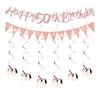 HUKUMA Kit de décoration de fête d'anniversaire 50 ans, décoration d'anniversaire 50 ans, 50 serpentins décoratifs, guirlande de spirales, bannière Happy Birthday, décoration pour 50e anniversaire