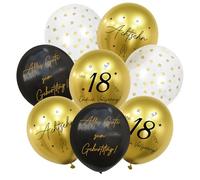 HUKUMA Lot de 24 ballons décoratifs pour 18e anniversaire, 18 ans, pour garçon, fille, homme, femme, ballons dorés et noirs, en latex, décoration d'anniversaire