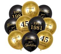 HUKUMA Lot de 24 ballons décoratifs pour 45e anniversaire, 45 ans, ballons dorés et noirs, en latex, pour homme, joyeux anniversaire
