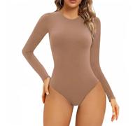 HUKYKZZS Body Moulant Pour Femmes Manches Longues/courtes Justaucorps Très Extensible Tanga Col Rond Couleur Unie Combinaison Amincissante,Kaki 2,S