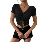 HUKYKZZS Débardeur Court Sexy À Col en V pour Femmes, Camis À Nouer sur Le Devant avec Cordon De Serrage, Couleurs Acidulées, Streetwear, Slim Fit Côtelé, Haut Court,Noir,S