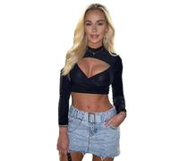 HUKYKZZS Haut Court Court Et Slim pour Femmes, Couleur Unie, Ajouré, Accessoires Y2k, Manches Longues, Vêtements Esthétiques, Streetwear,Noir,M