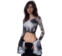 HUKYKZZS Haut Court en Maille Imprimé Esthétique Punk pour Femmes, Manches Évasées Gothiques, Transparent, T-Shirts Emo, Ourlet De Laitue, Streetwear Sexy,Noir,M
