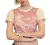 HUKYKZZS T-Shirt D'été À Manches Courtes pour Femmes, Imprimé Kawaii, Patchwork, Col Rond, Hauts Courts, Esthétique, Basique, Slim, Y2K,Rose Rouge,L