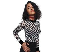 HUKYKZZS T-Shirts Sexy en Damier À Carreaux pour Femmes, Haut De Taille Slim Ajouré, T-Shirts À Manches Longues,Noir,M
