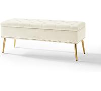 HULALA Home Banc de rangement capitonné en velours avec clous décoratifs, pieds en métal doré, pour entrée, salon et chambre, Blanc (Ivoire)