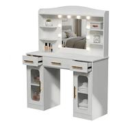 HULANAN Coiffeuse scandinave avec éclairage LED et miroir, 108 cm, blanche, à intensité variable, avec 3 températures de couleur, coiffeuse moderne avec 3 tiroirs et 2 armoires en verre