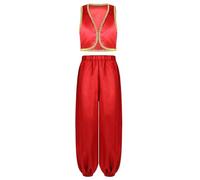 HULIJA 2 Pièces Costume Prince D'arabie Pour Enfants Gilet Brillant Pantalon En Satin Pour Carnaval Halloween Fêtes Rouge 5-6 ans