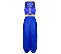 HULIJA 2 Pièces Costume Prince D'arabie Pour Enfants Gilet Brillant Pantalon En Satin Pour Carnaval Halloween Fêtes Bleu 13-14 ans