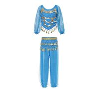 HULIJA 3PCS Ensembles De Danse Orientale Costume Paillettes Enfants Filles Robe Danse du Ventre Crop Top Et Pantalon Ceinture Dancewear Bleu Ciel 9-12 Ans