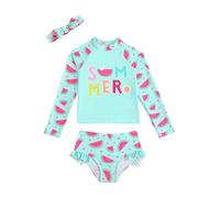 HULIJA Enfant Fille Maillot De Bain 2 Pièces T-Shirt Manches Longues Imprimé Pastèque Ou écailles Anti UV Protection Solaire avec Short De Bain Vert Clair 3-4 Ans