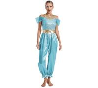 HULIJA Femme Déguisement Danse du Ventre Costume Princesse Arabe Épaule Dénudée Tenue Danse orientale Cosplay Bleu clair 3XL