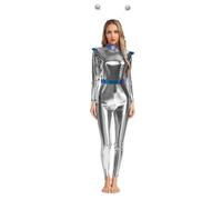 HULIJA Femme Space Alien Robot Cosplay Outfit Costume D'Astronaute Pour Adultes Rave Outfits S'Habiller Danse De Rave Boîte De Nuit Argenté Argent M