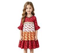 HULIJA Fille Blocs De Couleur Imprimé Fleuri Jupe Volants Robe Bohème pour Filles Robe Mariage Ceremonie Enfant Vintage Jupe Style Party Rouge 6-7 Ans