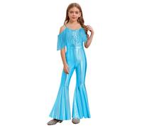 HULIJA Jumpsuit Pour Fille Métallisée Avec Franges Pantalon Pattes D'éléphant Combinaison Intégrale Des Années 70-80 Tenue De Disco Carnaval Vert 13-14 ans