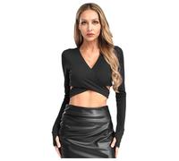 HULIJA T-Shirt à Manche Longue Femme Chemisier Haut Court Cache Coeur Top De Danse Latine Ballet Slim Fit T-Shirt Noir M