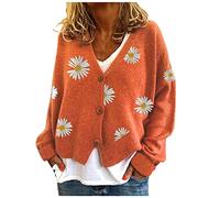 HULKAY Cardigan court en tricot à manches longues et col en V pour femme avec boutons et poignets côtelés, Orange, XXL