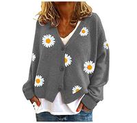 HULKAY Femmes Manches Longues Col en V Imprimées Florales, Pulls à Boutons, Poignets Côtelés, Cardigan Court en Tricot, gris, XL