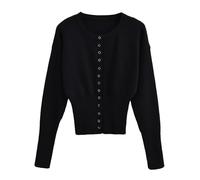BTFONIA Pull Court boutonné à Manches Longues et col en V en Tricot côtelé for Femme(Black,S)