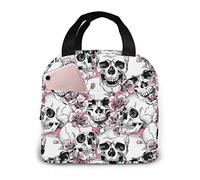 Hulnulnu Sac à déjeuner isotherme réutilisable Panier Repas avec motif tête de mort et fleurs roses et cerises
