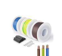 HuLuWa H07V-K 1,5mm² - Kit 3 couleurs (bleu, marron, jaune-vert) 3x6m - Fil électrique souple en cuivre isolé PVC - Gaines thermorétractables & cosses inclus