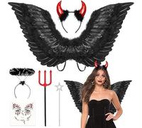 Humairc Angel Noir Wings Costume Deguisement Halloween Deguisement Angel Diabla Angel Wings Angel Halo Tatouage Halloween Gants à Franges, pour Costume Carnaval Enfant
