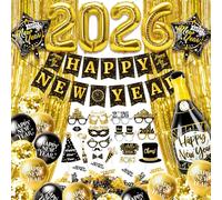 Humairc Decoration Nouvel An 2026 Kit Deco Nouvel An 2026 Gold, Happy New Year Banderole Ballon Rideau Franges Accessoires Photo Confetti, pour Accueil Bureau Bar