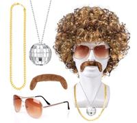 Humairc Perruque Afro Marron Or Hippie Accessoires Deguisement Hippie Homme Costume Carnaval/Halloween/Disco/Annees 70s 80s Homme - Perruque Lunettes Collier Fausse Moustache