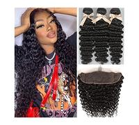 Human Hair Extension Faisceaux de cheveux brésiliens ondulés profonds avec fermeture partie libre 3 paquets avec fermeture frontale extension de cheveux humains vierges non transformés, noir naturel E