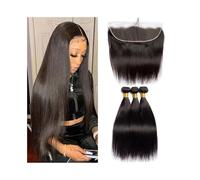 Human Hair Extensions de cheveux brésiliens Remy lisses avec dentelle transparente HD 13x4, 30 à 81 cm, avec frontal Hair Extensions(16 16 16 with 14)