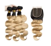 Human Hair Mèches brésiliennes 3/4 avec fermeture en dentelle 4x4, cheveux humains ondulés, couleur ombrée 1B/27, extensions Remy Hair Extensions(14 16 18 with 12)
