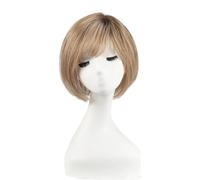 Human Hair Toppers for Women Short Bob Hair with Bangs 10" Side Part Hairpieces for Women with Thin Hair 6.5" × 6.5" Base Postiche Cheveux Femme(Ombre Light Brown)