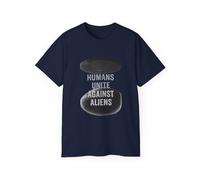 Humans Unite Against Aliens Tee - T-shirt graphique amusant pour les amateurs de science-fiction, cadeau pour les amateurs d'espace, tenue décontractée, unisexe, Bleu marine, S