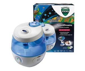 Humidificateur Vicks Sweet Dreams avec projecteur d’images, pour chambre d’enfant et de bébé jusqu’à 35 m², tablettes aux huiles essentielles incluses, technologie ultrasonique silencieuse - VUL575