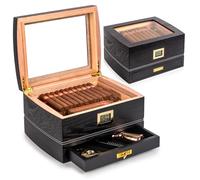 Humidor Cigarren Marvero Humididor Cigar Humididor en Bois de cèdre pour 75 cigares avec hygromètre précis, humidificateur. Cadeaux pour Les Amateurs de cigares（Noir）