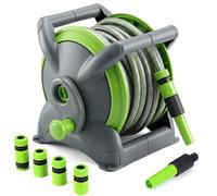 HumiLuft Enrouleur de tuyau d'arrosage 2 en 1 2 sur pied ou mural avec 6 modes de pulvérisation, enrouleur flexible de 15 mm de diamètre avec guide de tuyau, buse et connecteur, convient pour laver le