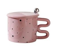 HUMOCHUSON Style Chinois Tasse À Pois Colorée En Céramique Avec Anse Et Couvercle, Cuillère Pour Homme Femme, Petit-Déjeuner, Cappuccino - Éclaboussure Rose