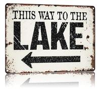 Humorous Lake Direction Sign with Arrow Retro Metal Tin Sign for Cabin Lodge Vacation Home 8 X 12 in