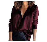 Humour V-Neck Solid Color Satin Women's Top Shirt Casual Temperament Soft Women Shirts Tee Shirt Maries (Wine, L)