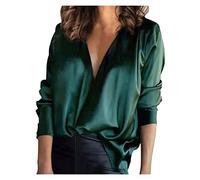 Humour V-Neck Solid Color Satin Women's Top Shirt Casual Temperament Soft Women Shirts Tee Shirt Maries (Green, L)