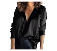 Humour V-Neck Solid Color Satin Women's Top Shirt Casual Temperament Soft Women Shirts Tee Shirt Maries (Black, XL)