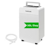 HUMSURE Déshumidificateur 30 L/jour avec tuyau de vidange, réservoir d’eau de 5,3 L, minuterie 24 h, dégivrage automatique et verrouillage enfant, pour chambre, sous-sol et salle de bain